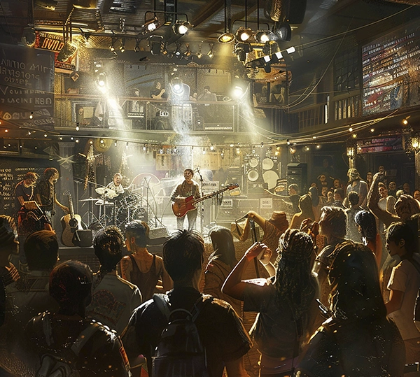 grupo musical tocando en bar con gente